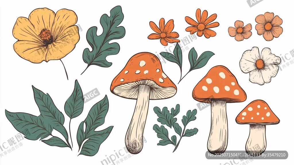 手繪花卉蘑菇植物元素