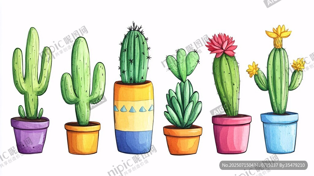 多彩盆栽仙人掌插畫