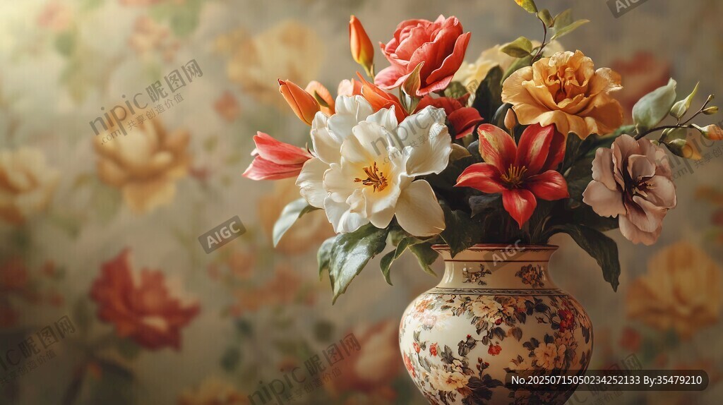 復(fù)古花瓶中的多彩花卉