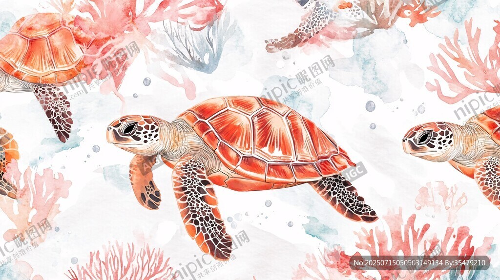 水彩海龜與珊瑚海洋圖景