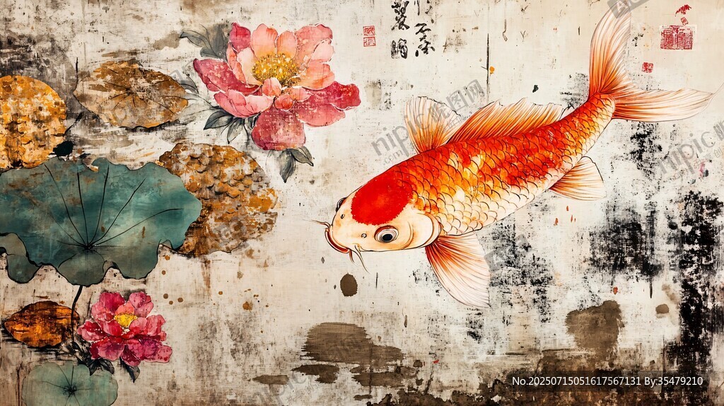 水墨錦鯉伴繁花圖