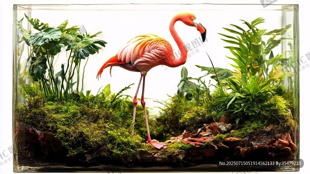 火烈鳥(niǎo)置身綠意盎然微景觀