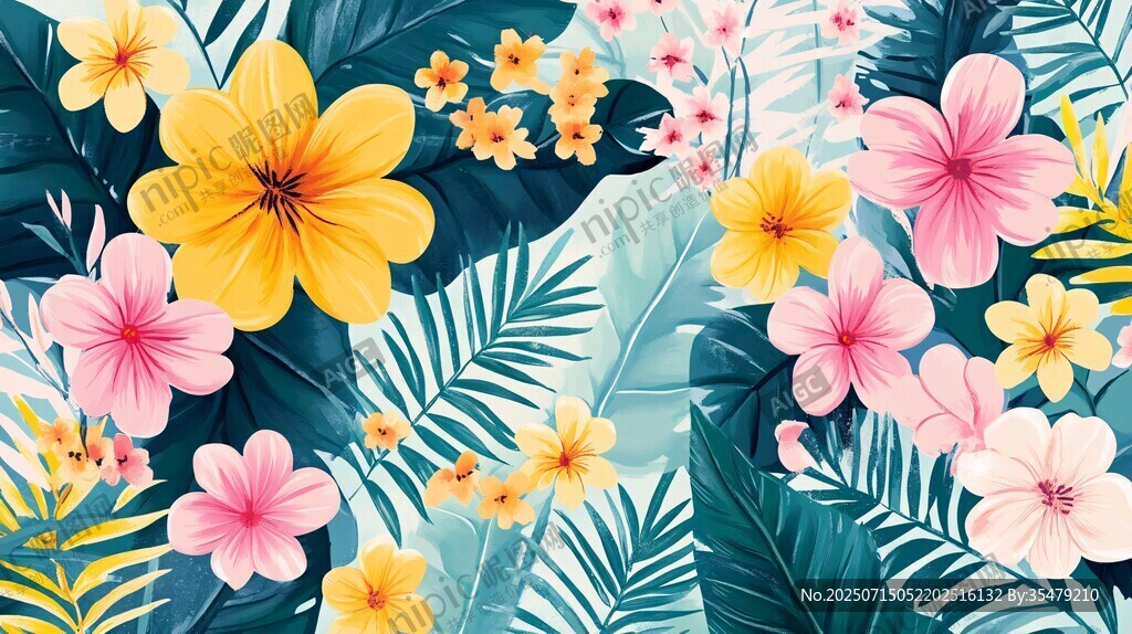 熱帶花卉與葉片絢麗插畫