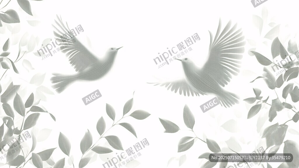 雙鳥于枝葉間展翅飛翔