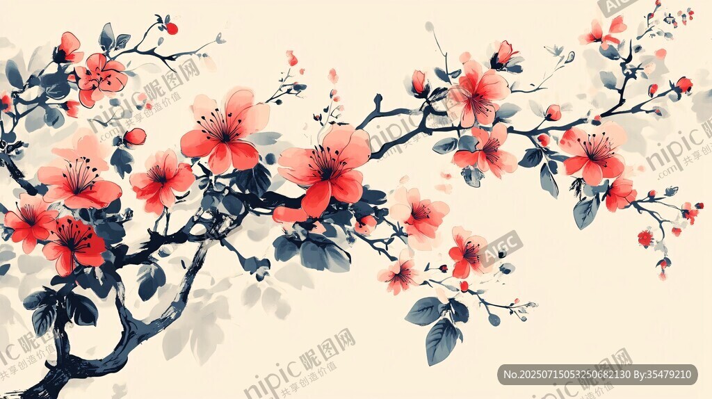 中式水墨風(fēng)綻放的艷麗花枝