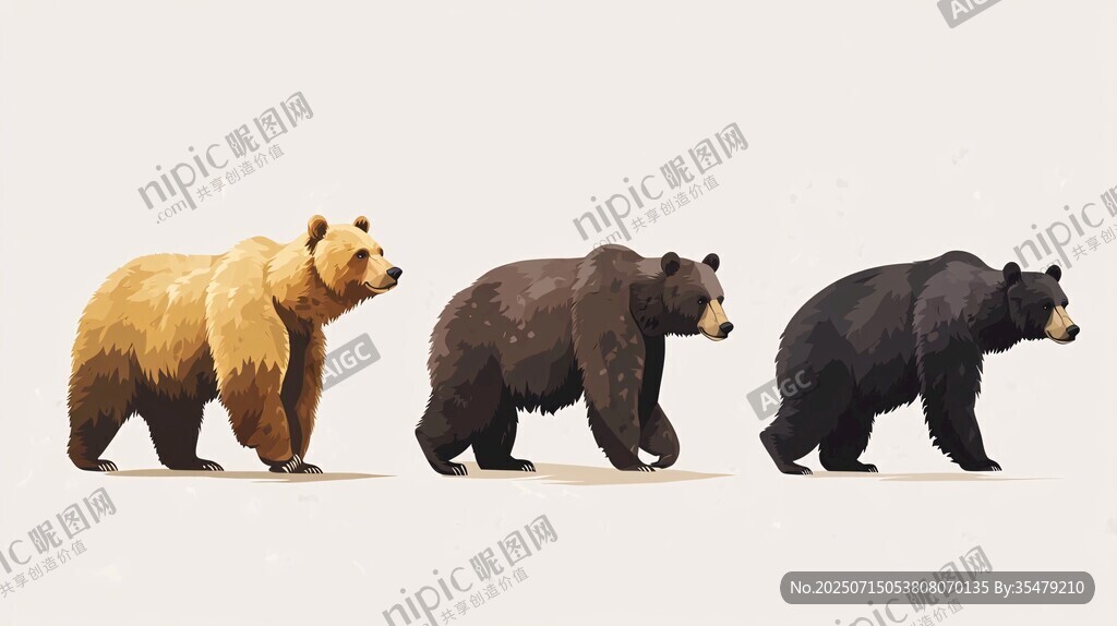 三只不同毛色的熊漫步