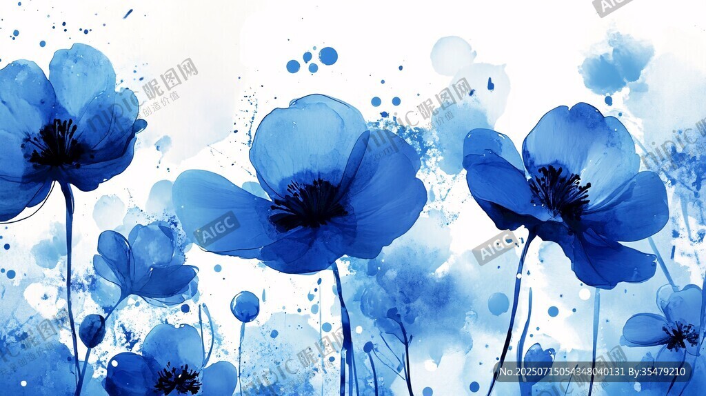 藍色水彩風花卉藝術(shù)畫面