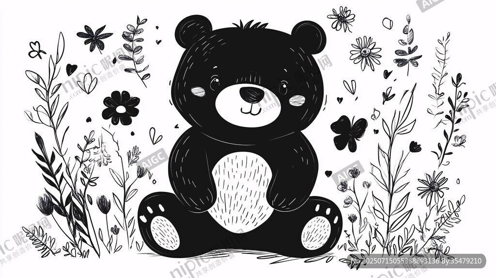 小熊坐于花草間的可愛(ài)插畫(huà)
