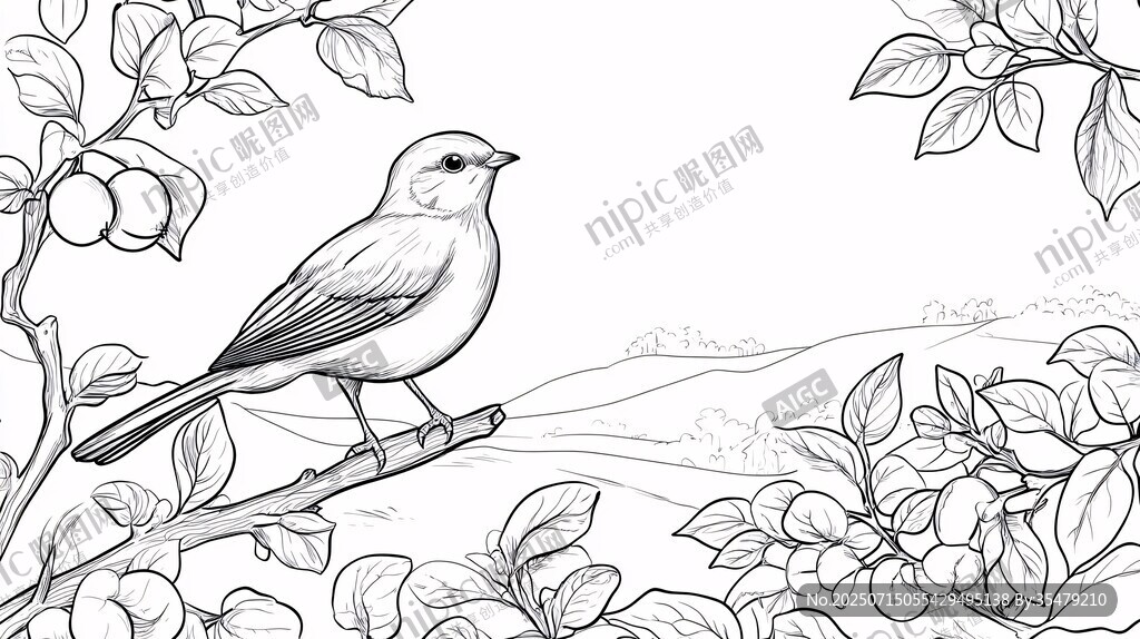 枝頭小鳥與繁茂枝葉圖景