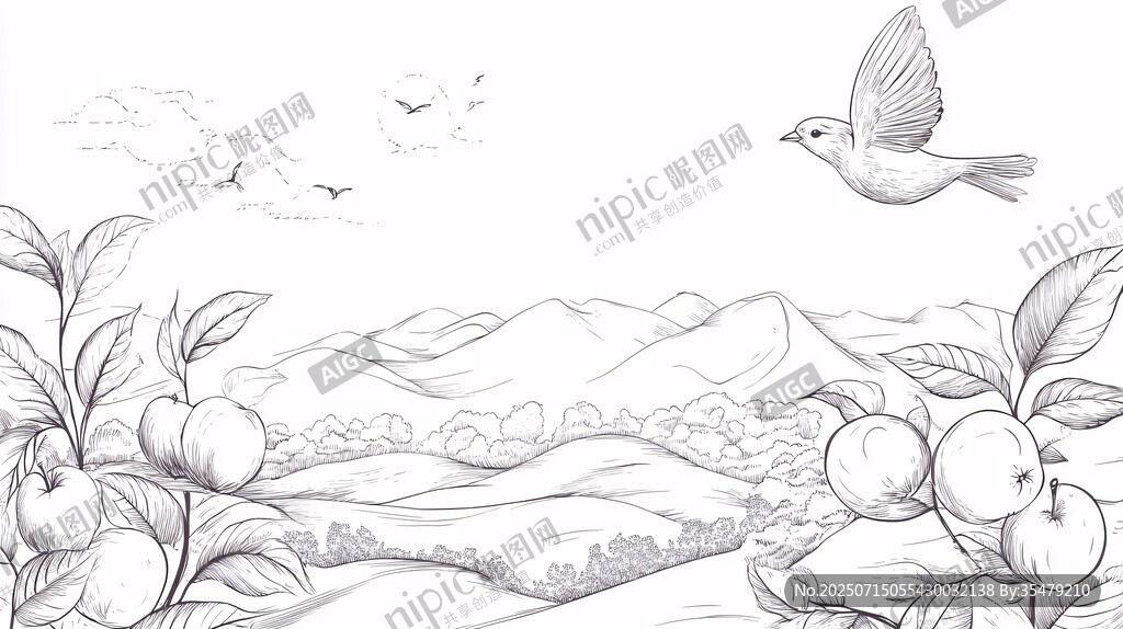 田園飛鳥與碩果素描圖