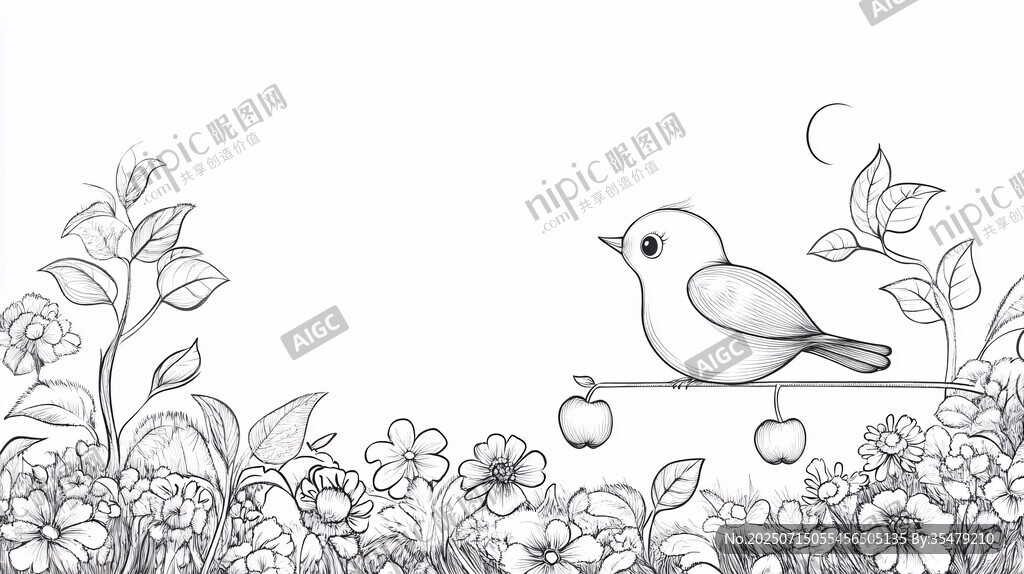 小鳥棲枝伴繁花與月