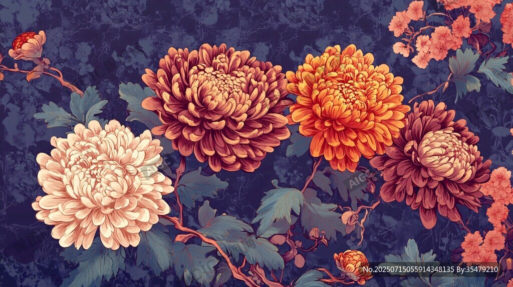復古風多彩菊花花卉圖案