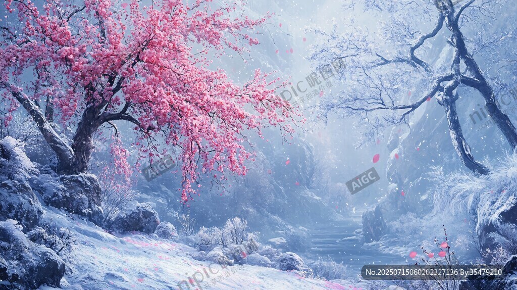 雪境中的爛漫粉花樹
