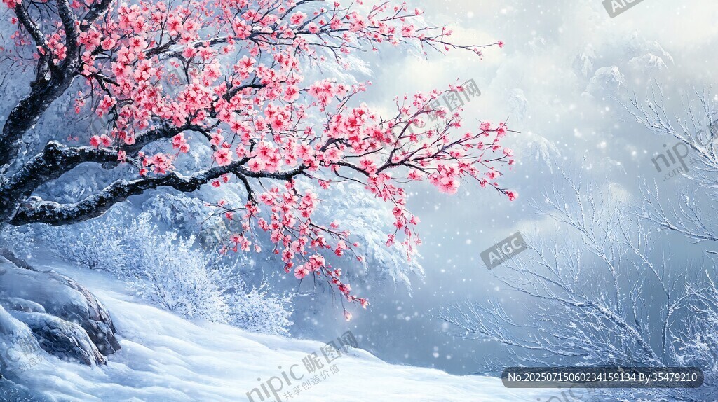 雪中綻放的嬌艷紅梅