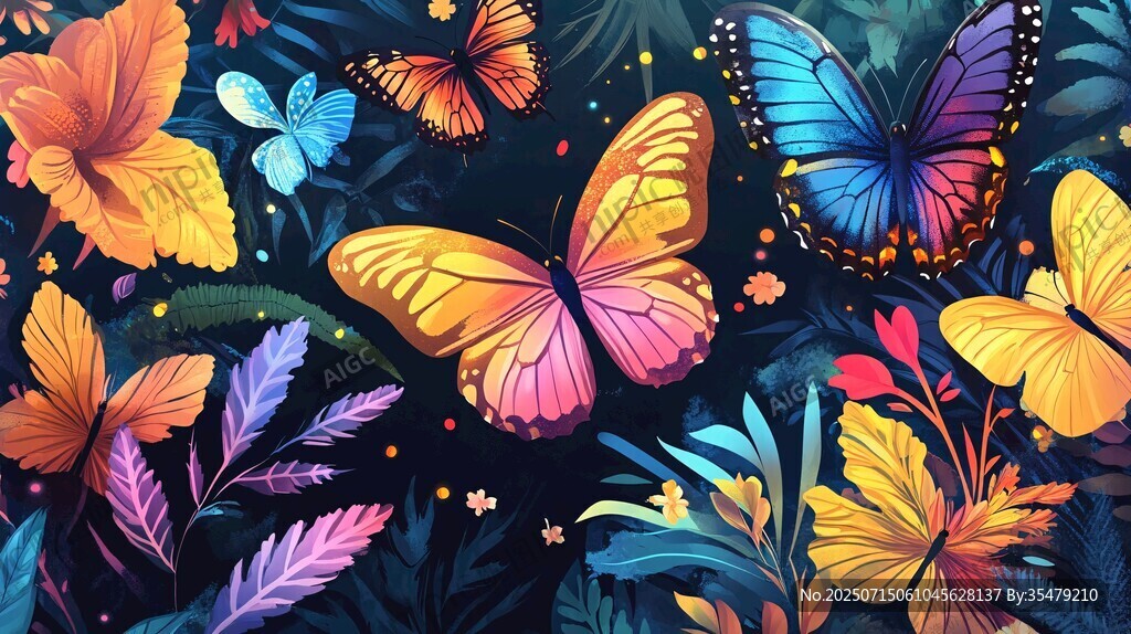 夢(mèng)幻蝶舞花叢插畫