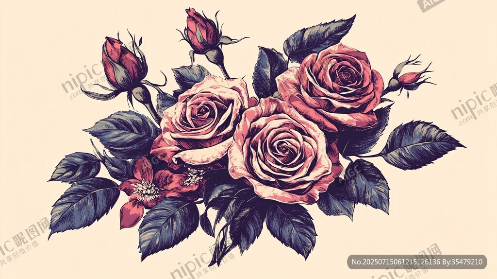 復古風玫瑰花卉插畫