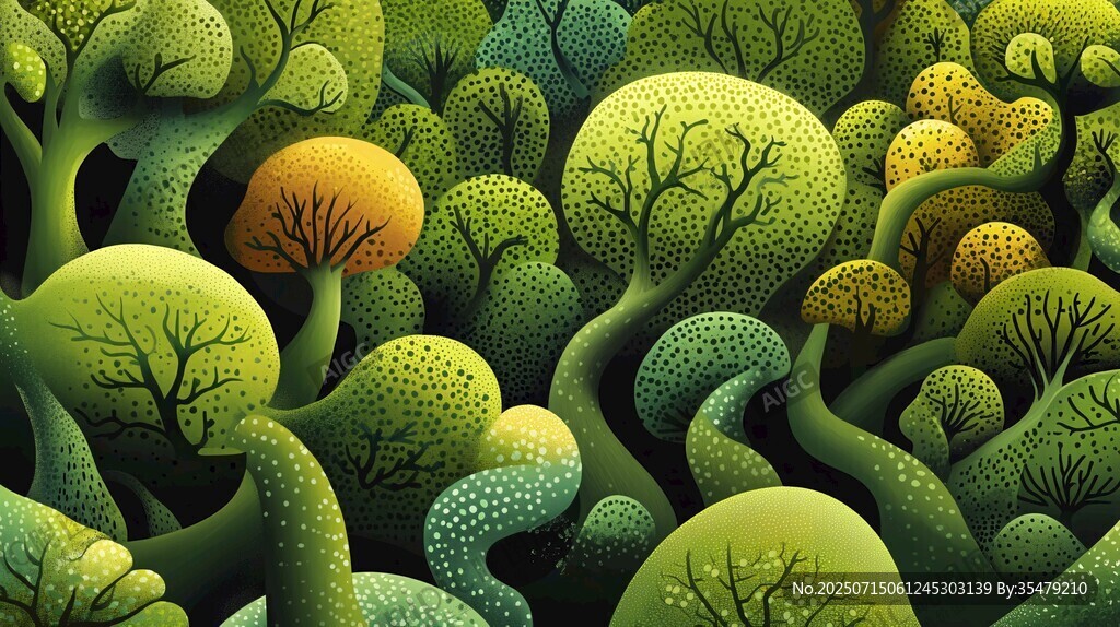 奇幻綠色森林景觀插畫