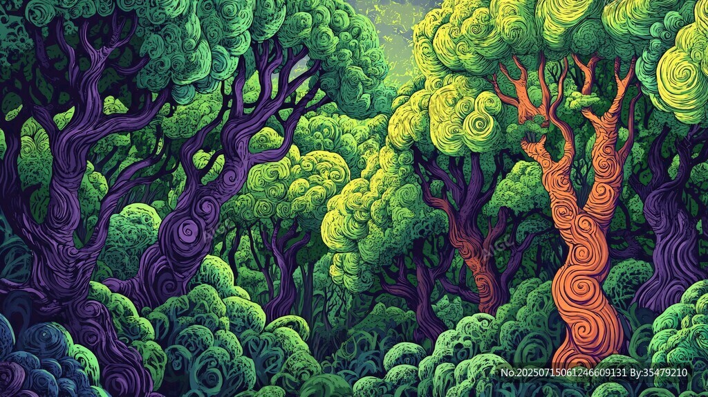奇幻森林中的多彩樹(shù)木景觀