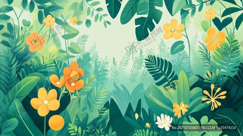熱帶叢林花卉插畫風景
