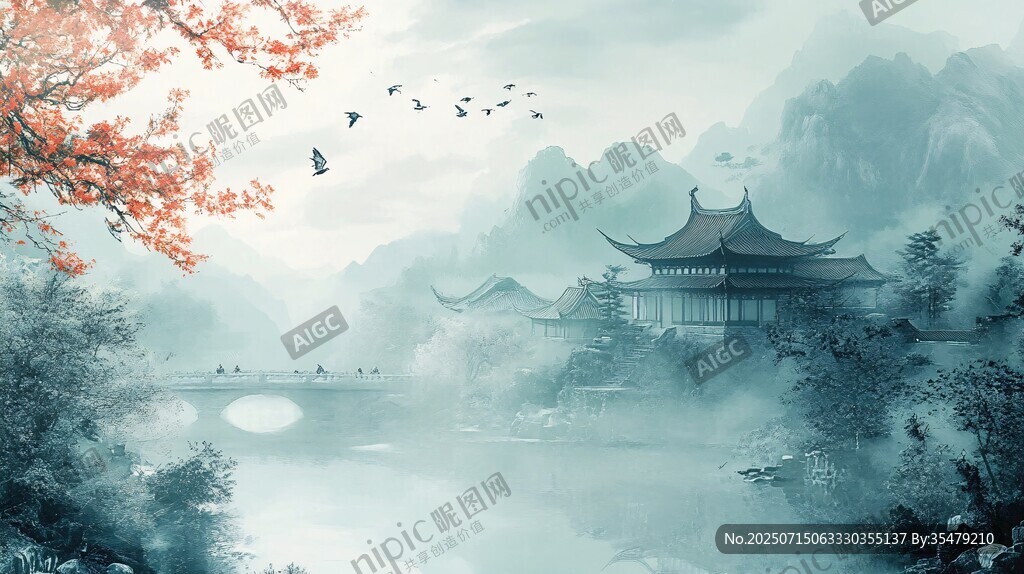 水墨江南山水古建筑圖景