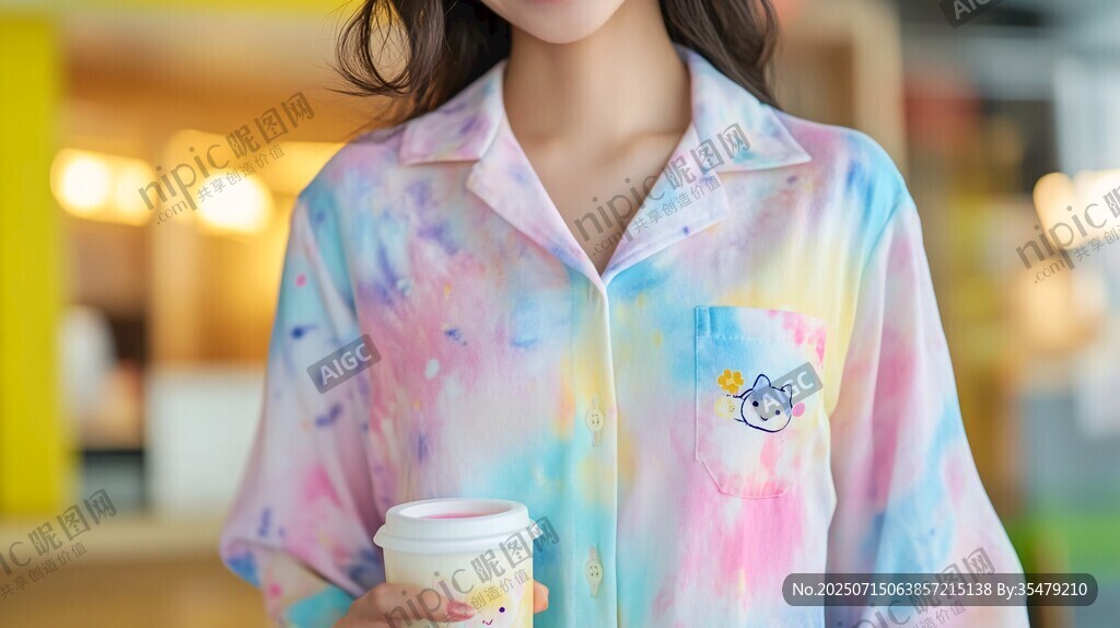 多彩扎染風(fēng)少女手持咖啡
