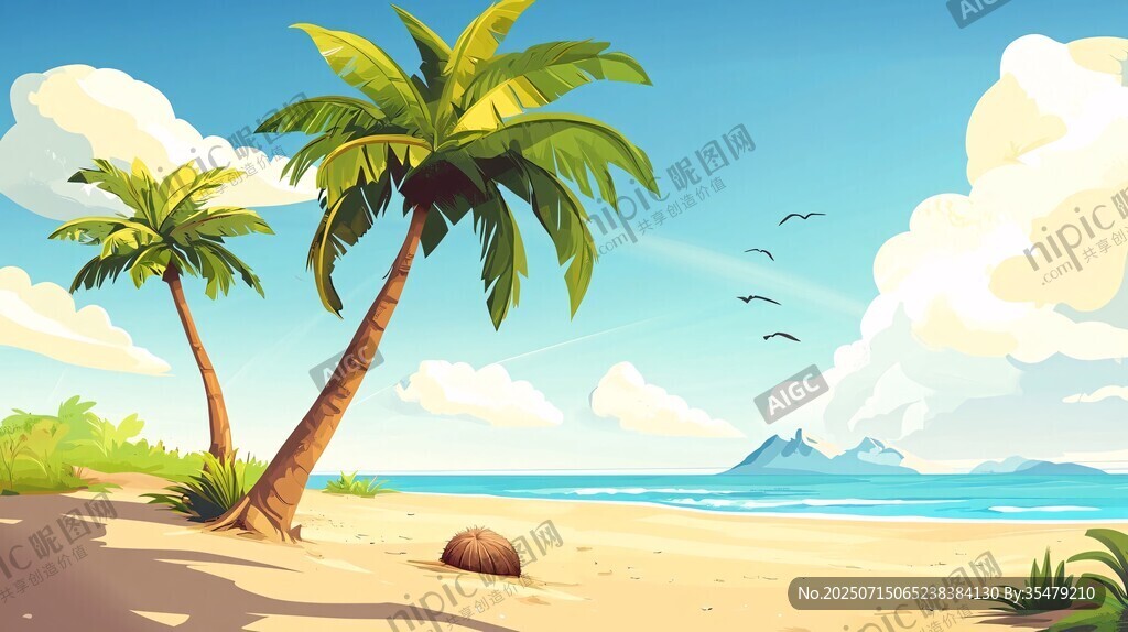 夏日海濱椰樹風(fēng)景插畫