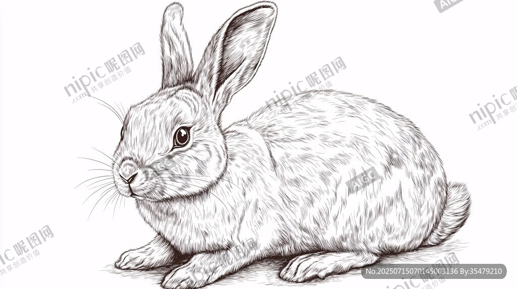 手繪蹲坐兔子黑白插畫