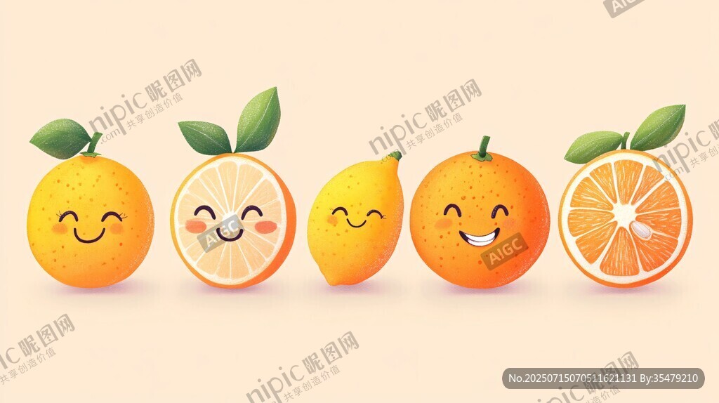 可愛笑臉柑橘水果插畫