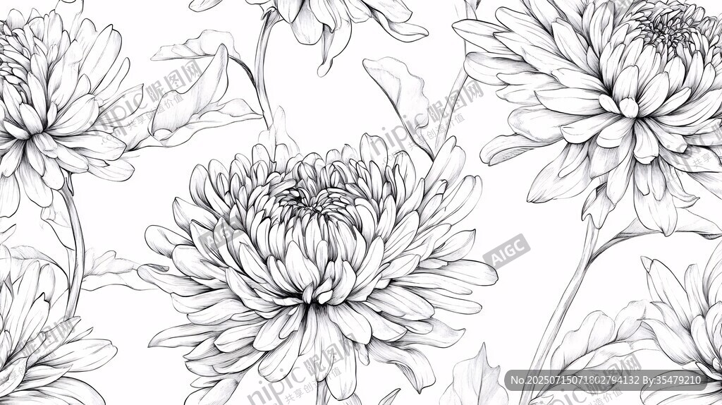 黑白菊花花卉線條圖案
