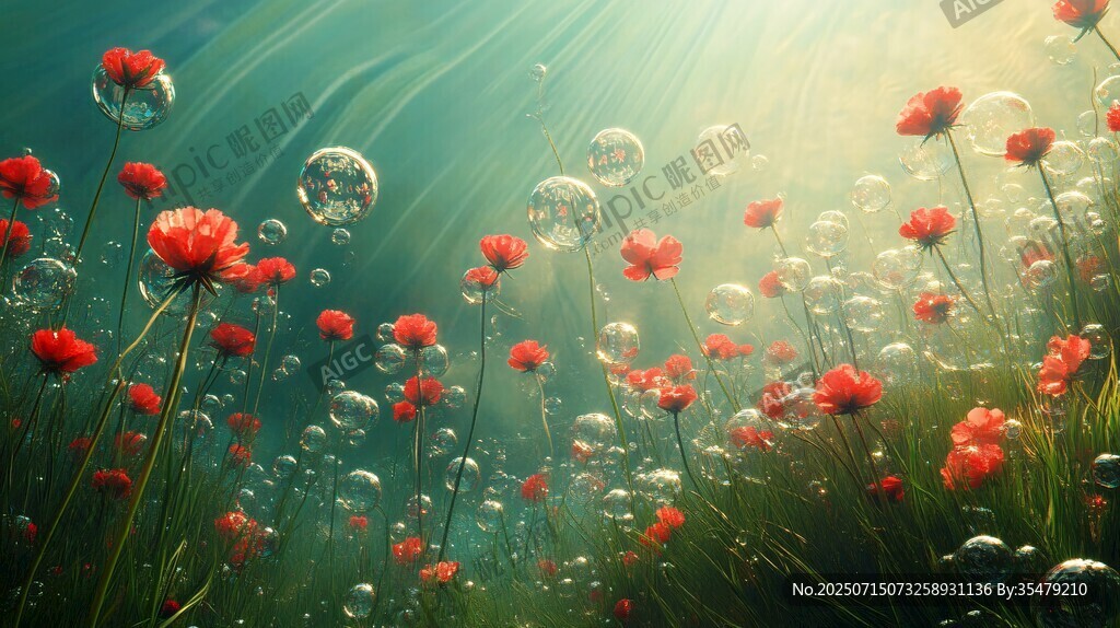 夢幻水下紅花與氣泡世界