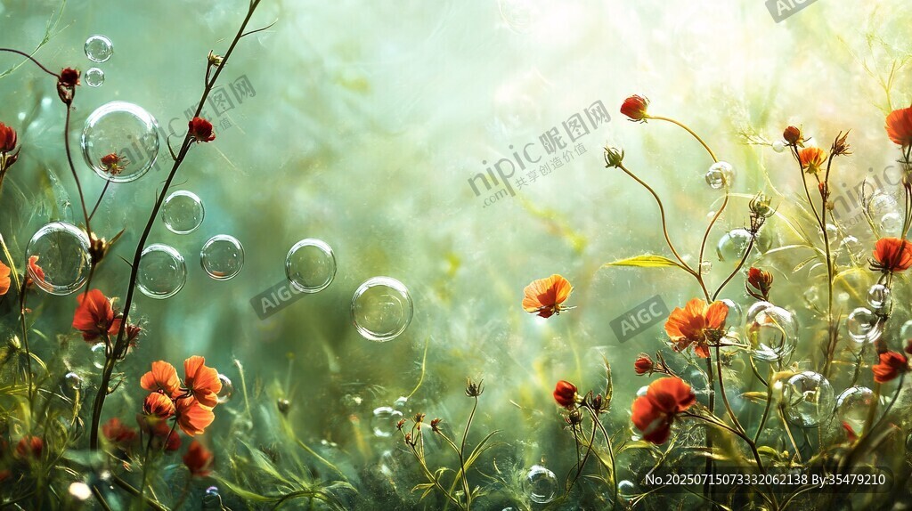 陽光下的花朵與夢幻泡泡