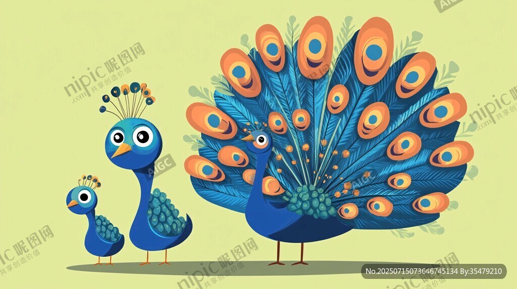 三只孔雀的可愛插畫