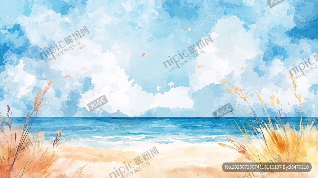 夏日海濱水彩風(fēng)景圖