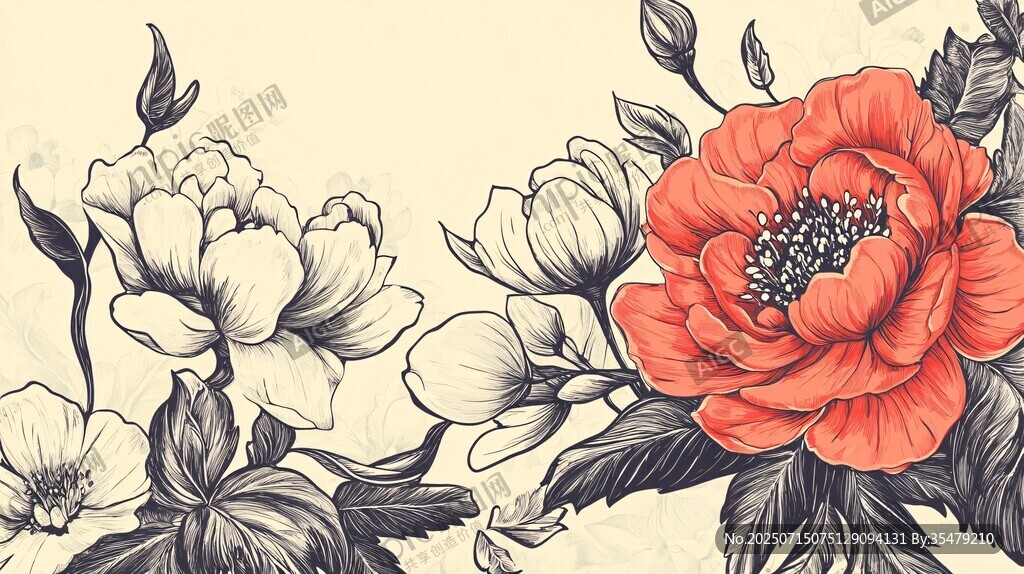 復(fù)古花卉插畫(huà) 艷麗紅牡丹