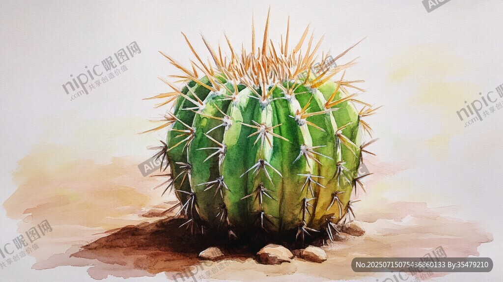 水彩畫中的球形仙人掌