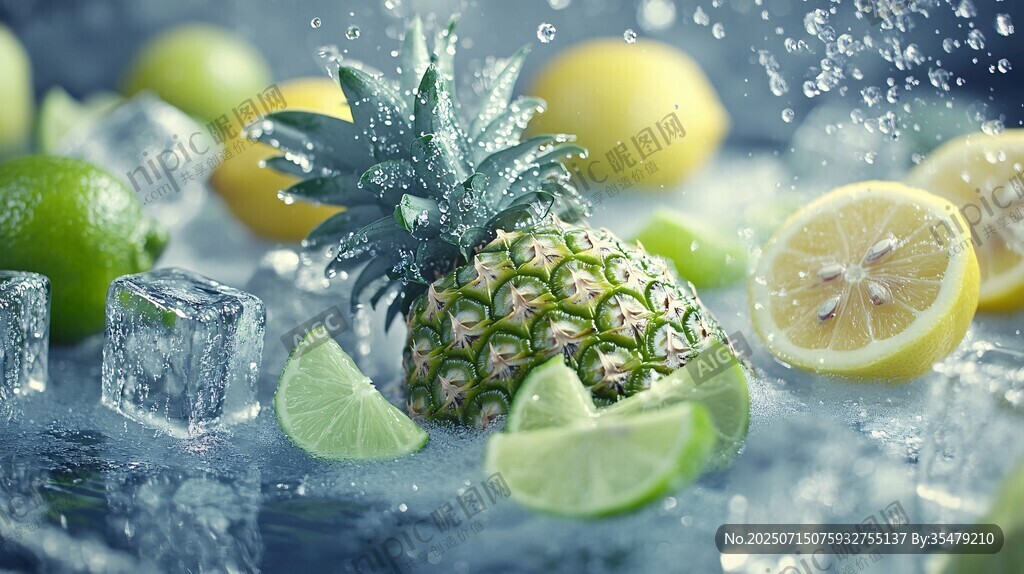 菠蘿檸檬等水果與冰塊場景