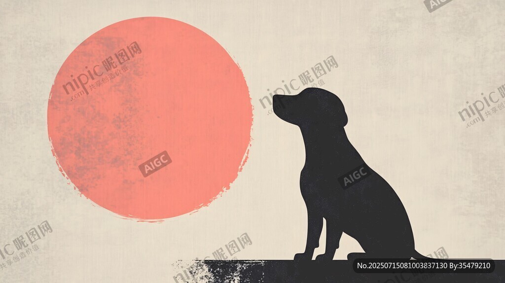狗望紅日剪影圖
