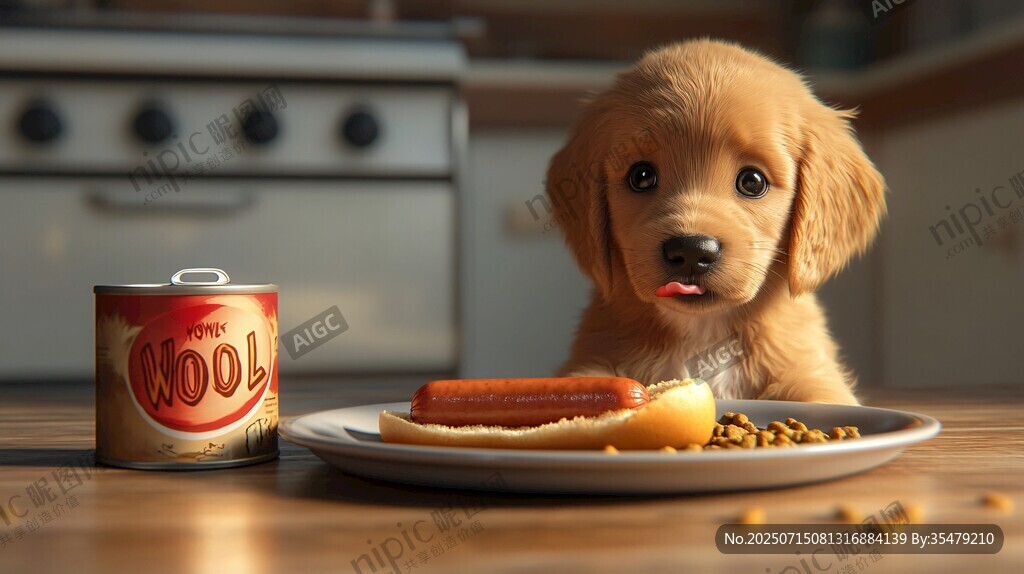 萌犬望美食罐頭相伴