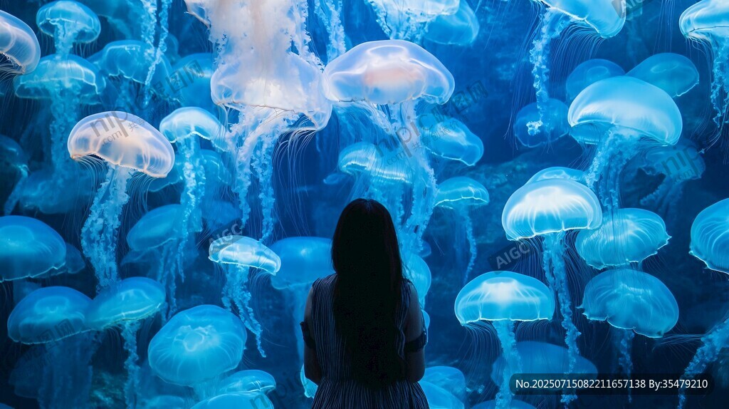 女孩凝視夢幻水母世界