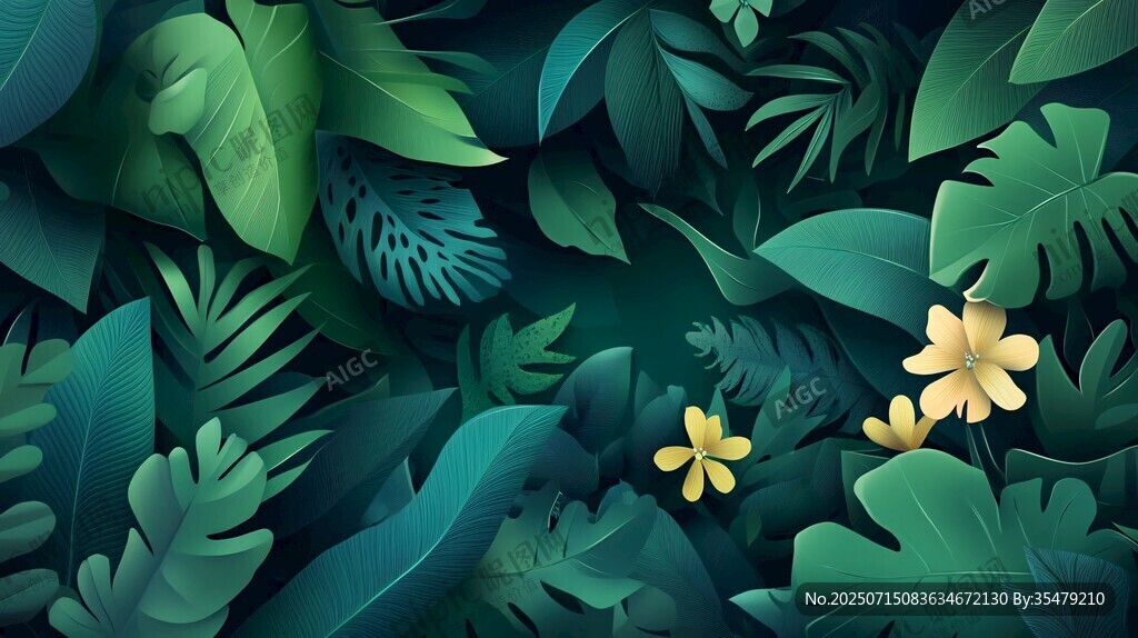 熱帶綠植花卉夢幻插畫