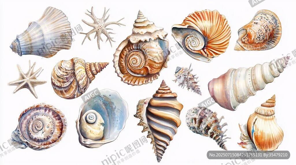 多彩貝殼與海星水彩插畫