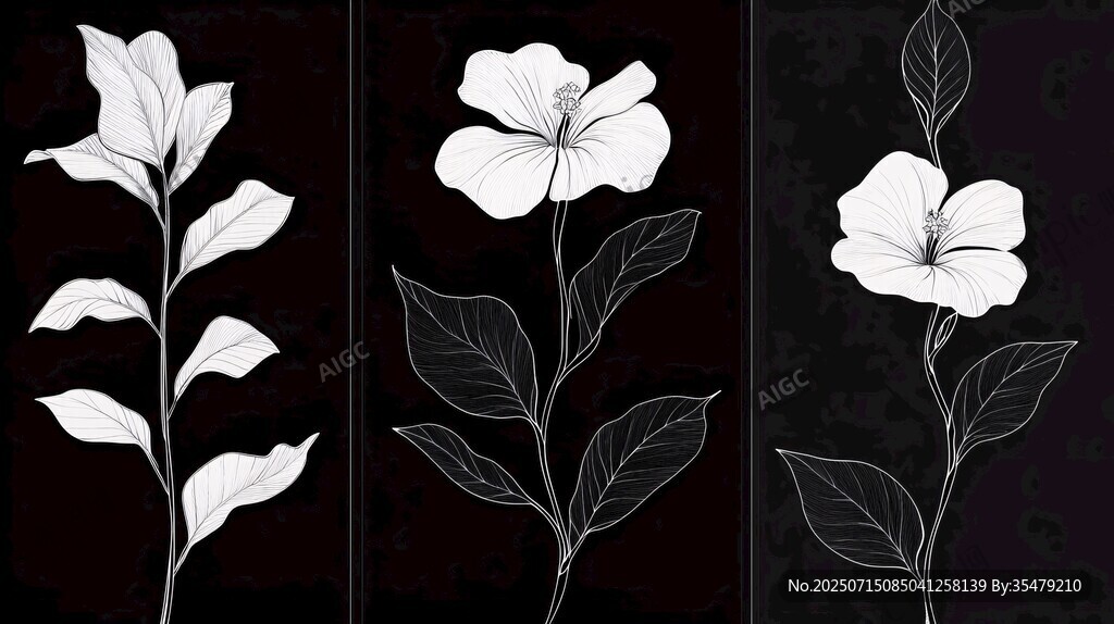 黑白花卉植物線稿插畫