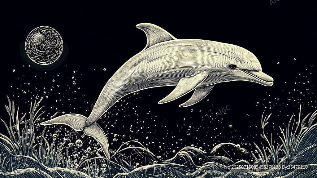 月夜下躍出海面的海豚