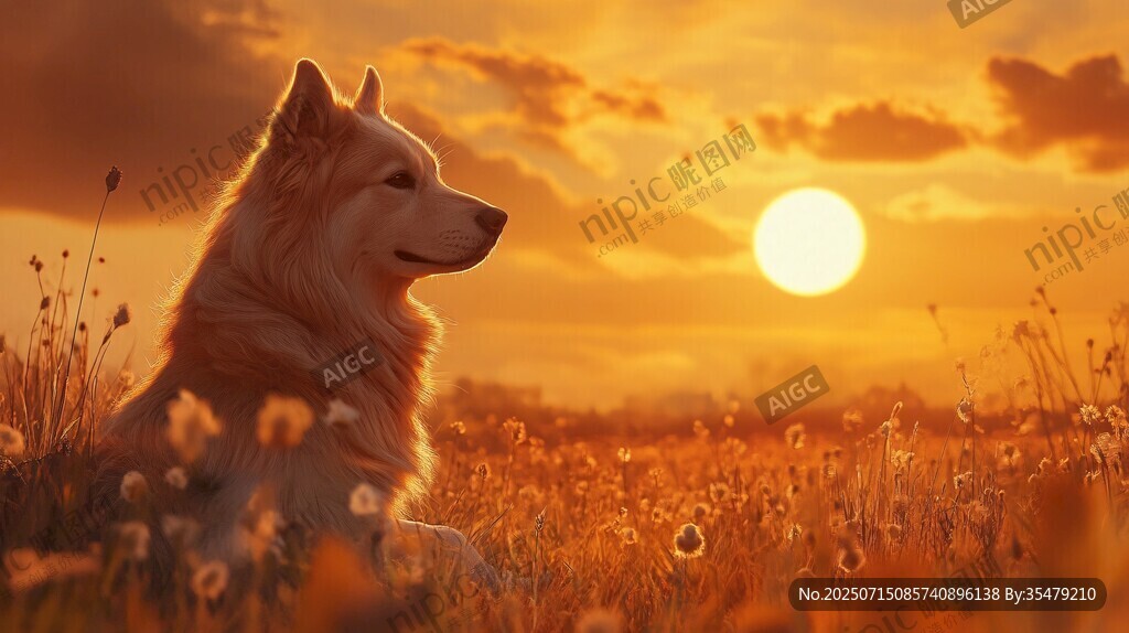 夕陽下的狗狗守望美好