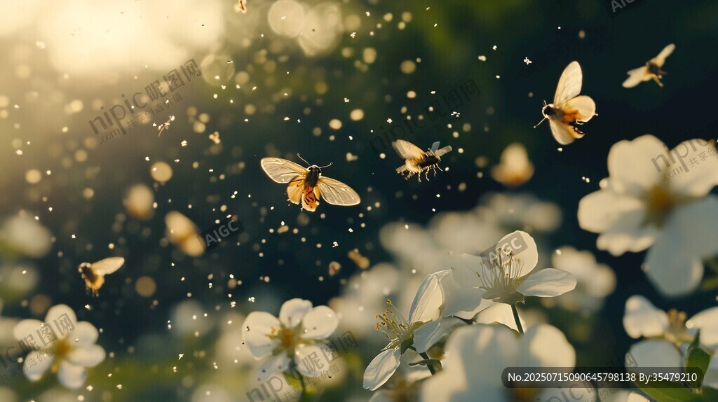 蜜蜂花間飛舞 陽光灑落