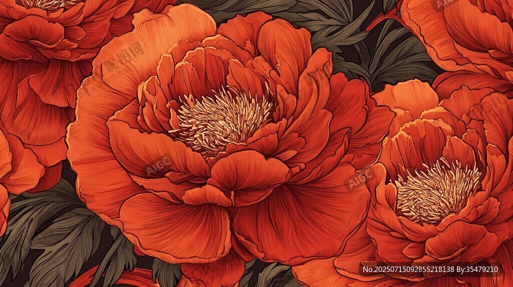 艷麗紅牡丹花卉圖案