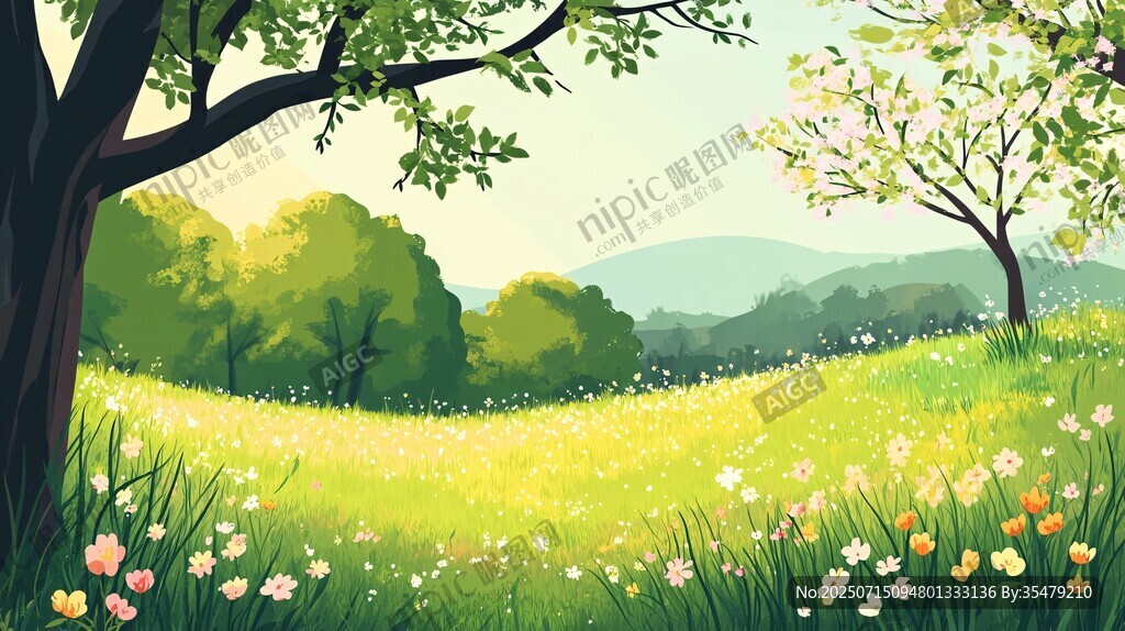 春日綠野繁花爛漫景色