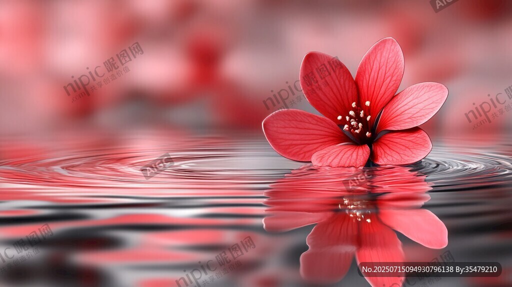 水中紅花映漣漪