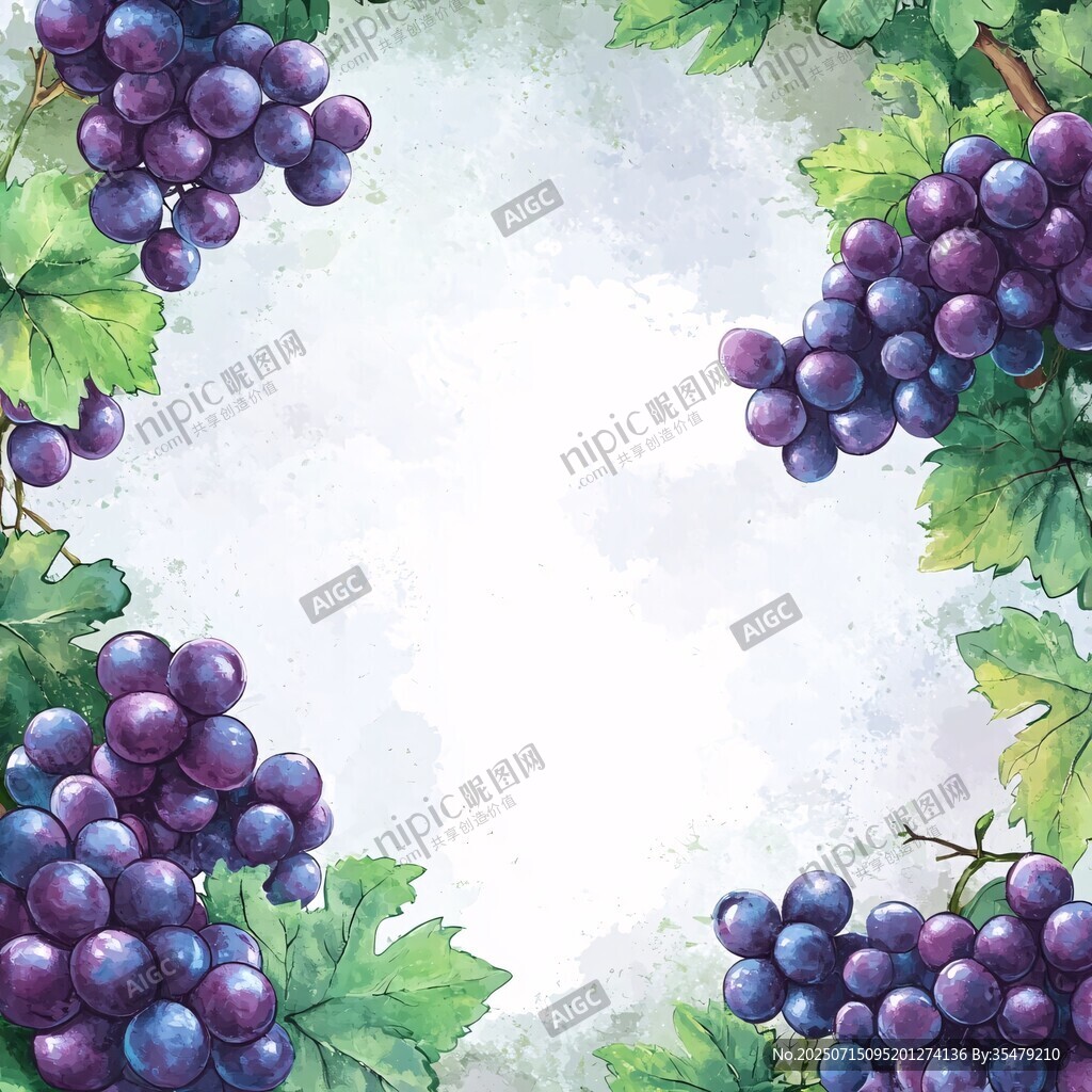 水彩風(fēng)紫葡萄綠葉邊框圖