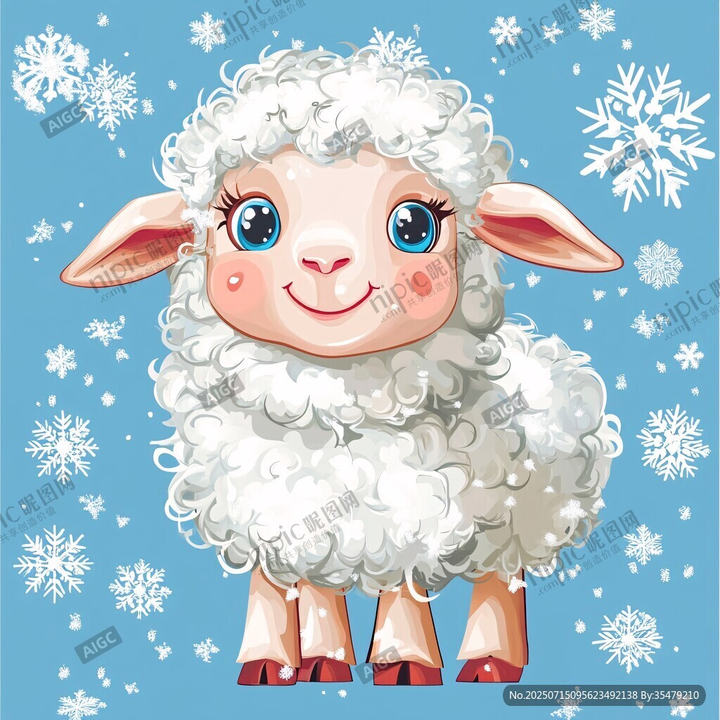 可愛(ài)綿羊在雪花中微笑